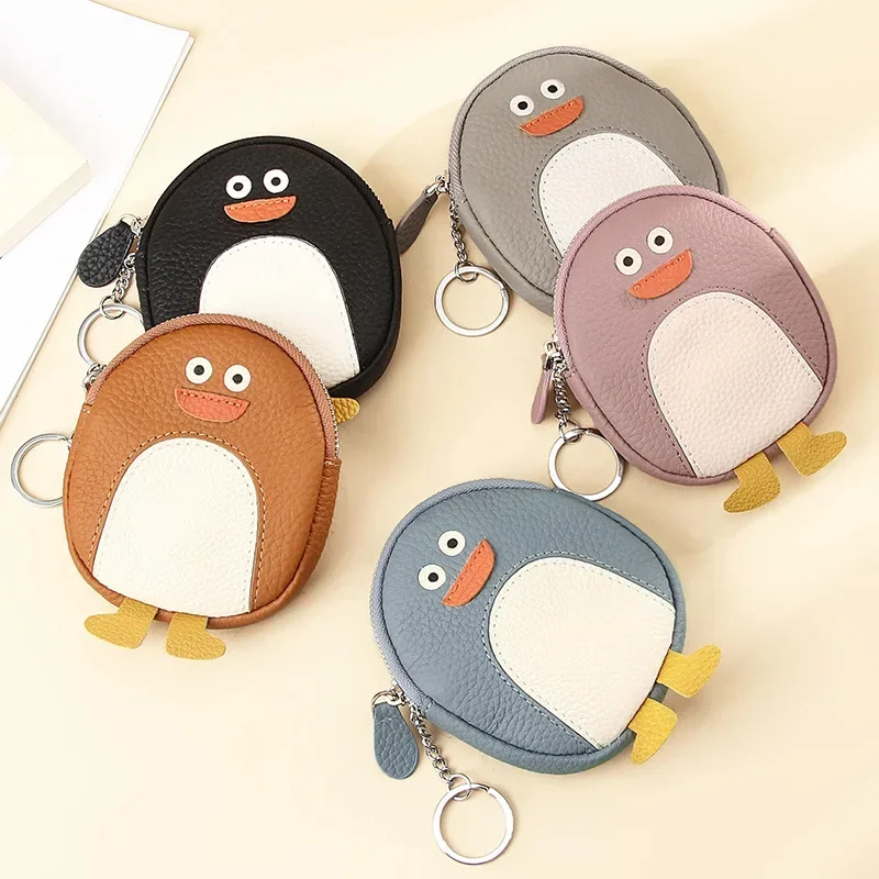 New Creative Small Purse Ultra Thin Ins Mini Cute Little Penguin Leather Wallet Round Women Coin Purse Fashion Solid Coin Bag