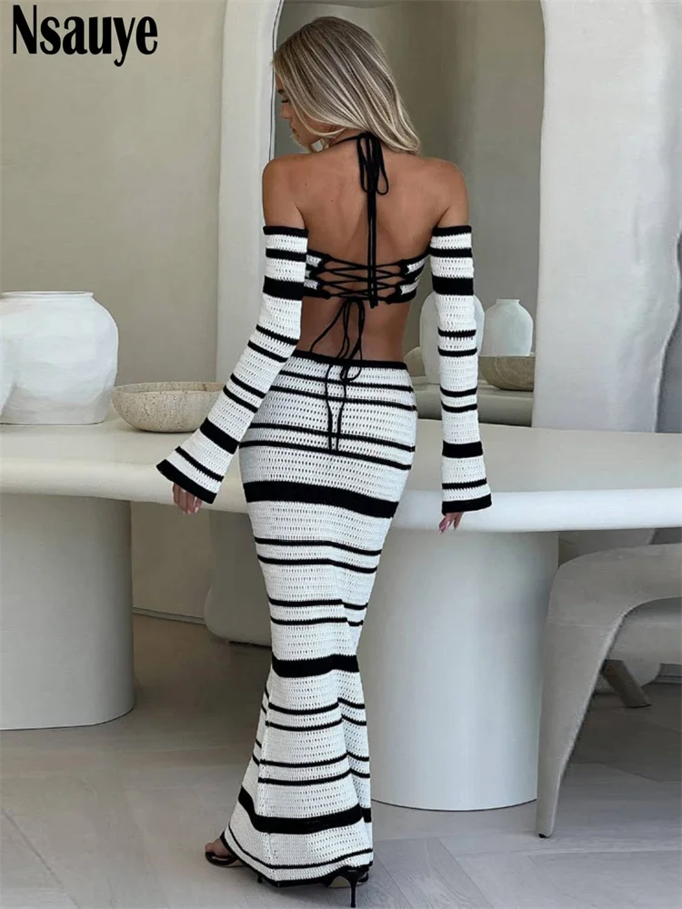 Nsauye Women Beach Holiday Long Sleeve Tops Low Waisted Knitted Y2K Striped Sexy Party Club New Fashion Skirt Two Piece Set 2024