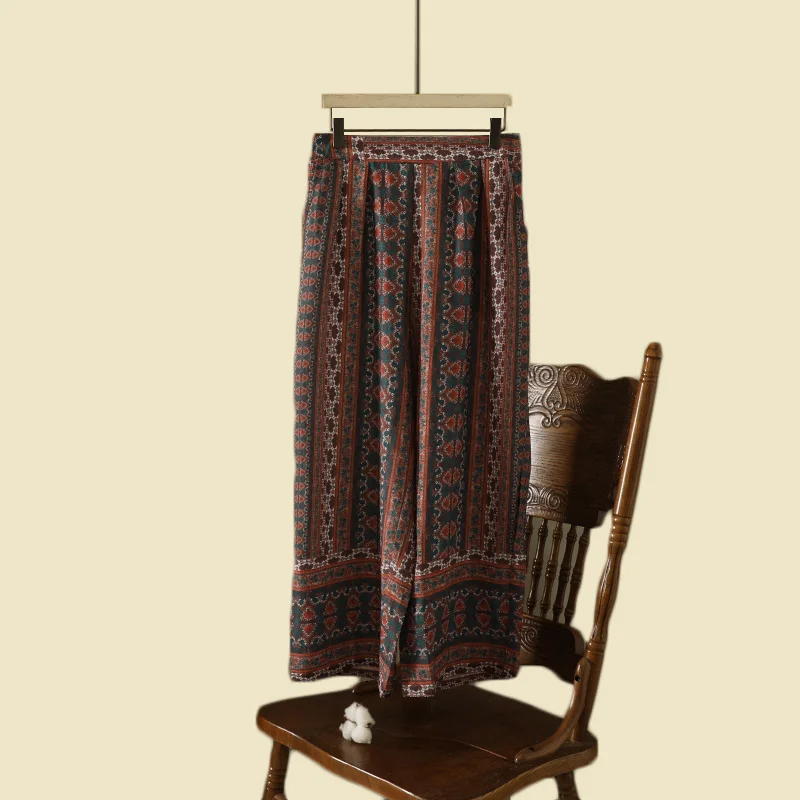 

Retro Ethnic Print Loose Wide Leg Pants High Waist Slimming Thin Sle Casual Trousers for plus Size Women Summer Nine Points