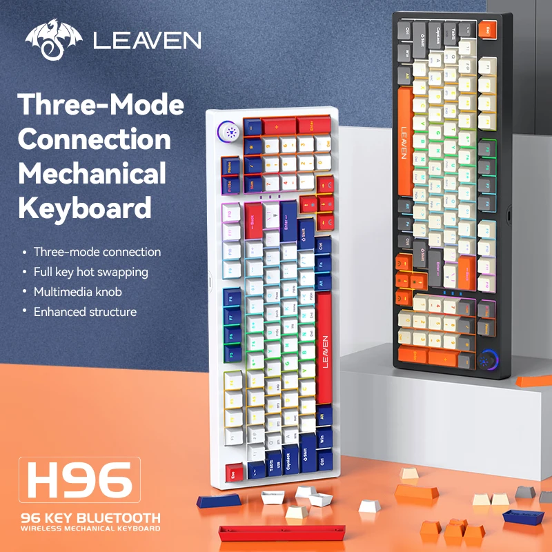 96-Key Leaven H96 Wired Wireless Bluetooth Three Mode Mechanical Keyboard Full Keys Hot Swappable Rgb Dual Issp Silencer