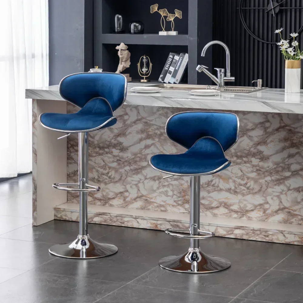 Velvet Adjustable Swivel Bar Stool - Set of 2 - Blue