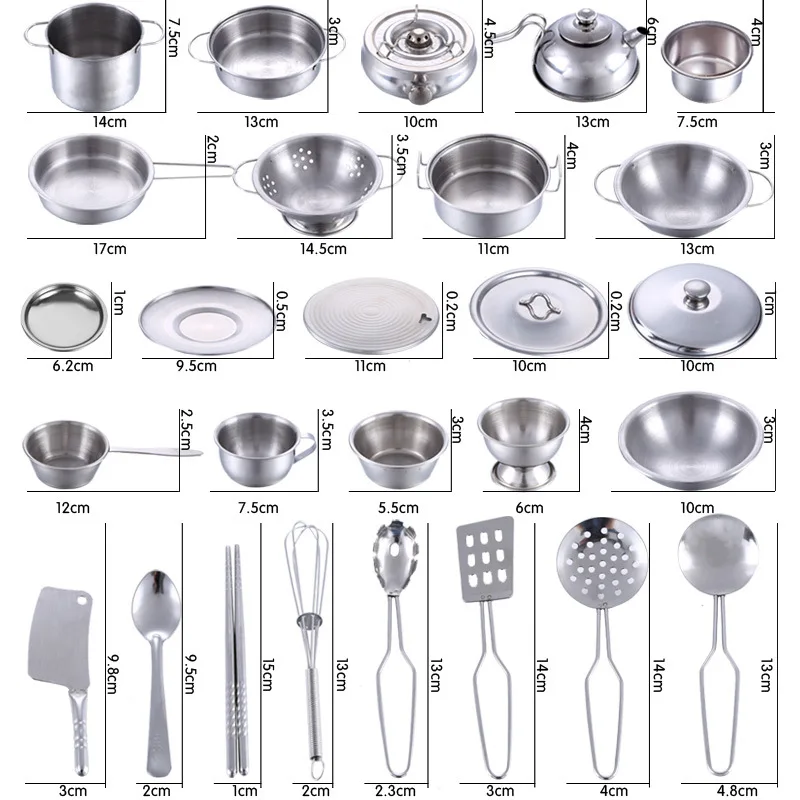 25 pezzi MINI utensili da cucina giocattoli set per bambini ragazza in acciaio inossidabile può contenere cibo cucina giocattoli da cucina educazione finta di giocare