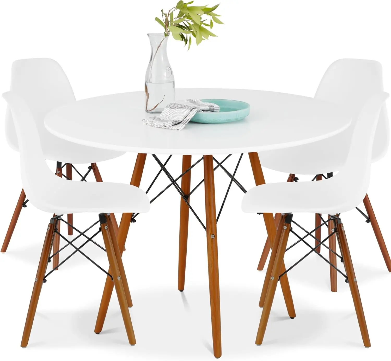 

5-Piece Dining Set,Compact Mid-Century Modern Table & Chair Set,Apartment w/ 4 Chairs, Plastic Seats,Metal Frame - White/Walnut