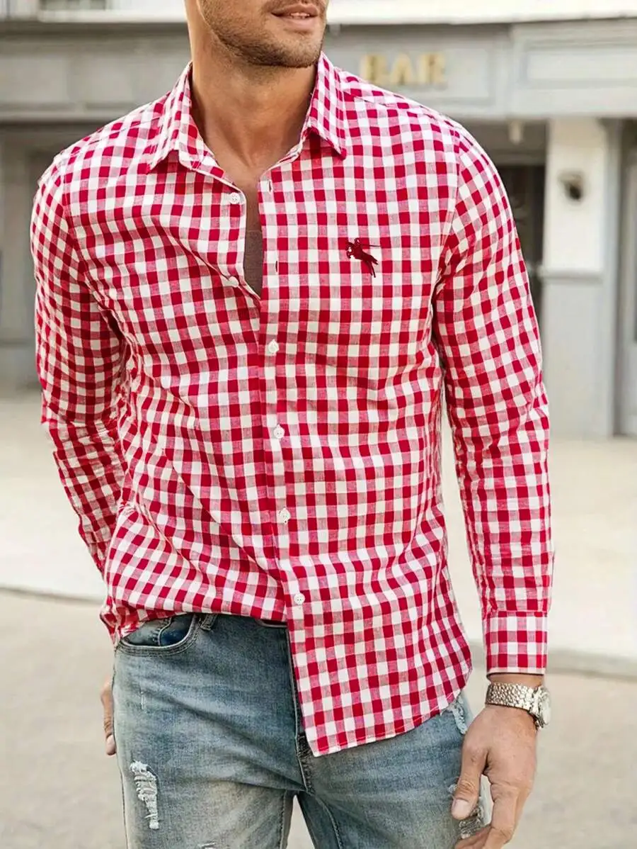 

Men's Red and White Gingham Long Sleeve Casual Button-Down Shirt for Spring Fall