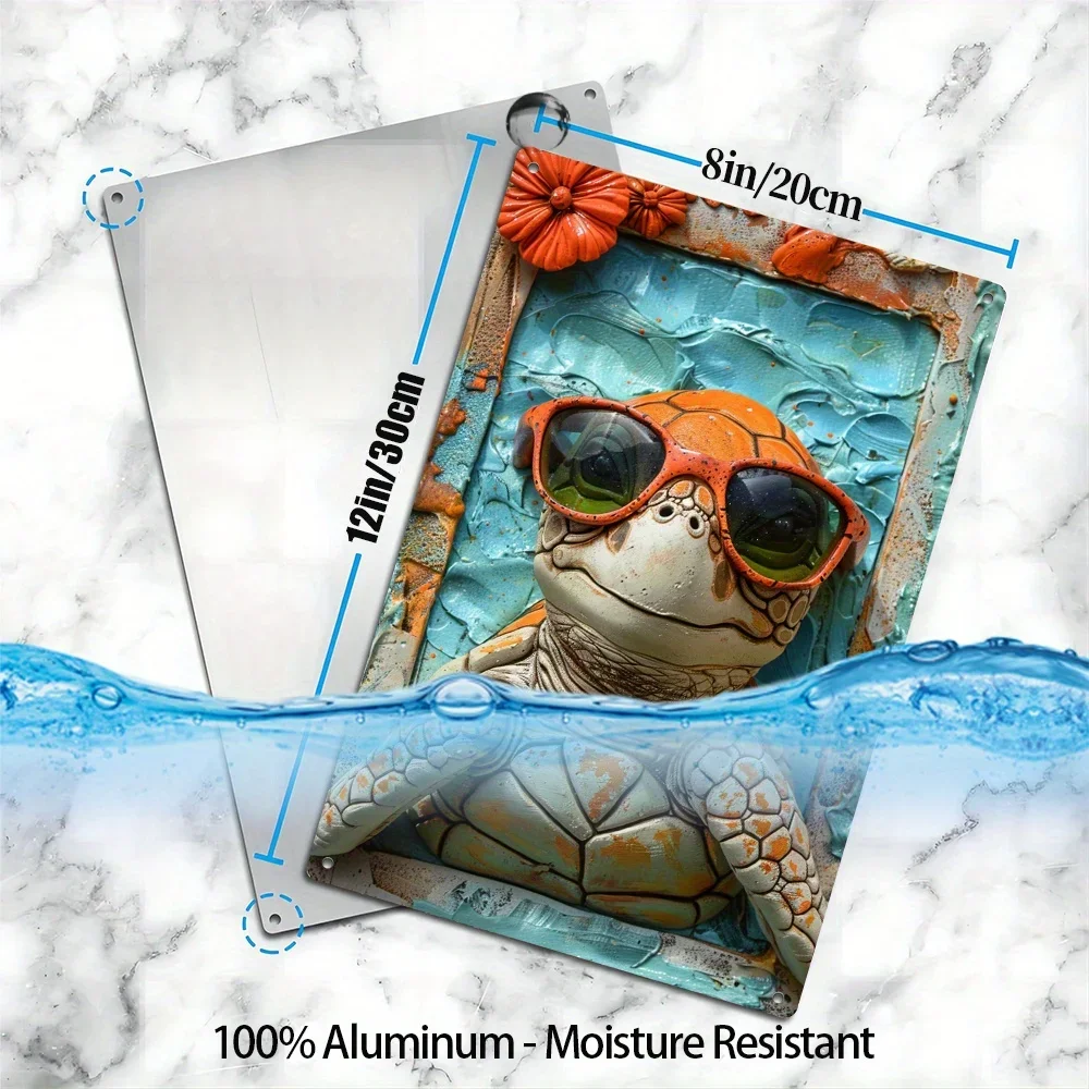 1Pc 8x12 Inch 2D Effects Aluminum Metal Sign Sea Turtle with Glasses 100% Aluminum Moisture Resistant 32% Higher Bend Resistance