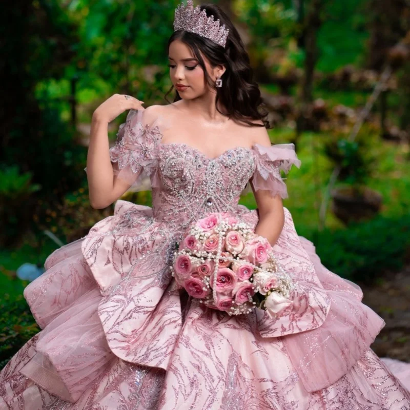 

Luxury Pink Quinceanera Dress off-shoulder Glitter Crystal Decal Layering Long tail Big Bow vestidos de 15 Quinceanera ﻿Customiz
