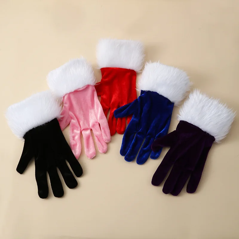 Christmas Eve Party Etiquette Performance Gloves Short Gold Velvet and White Fur Coat Gloves