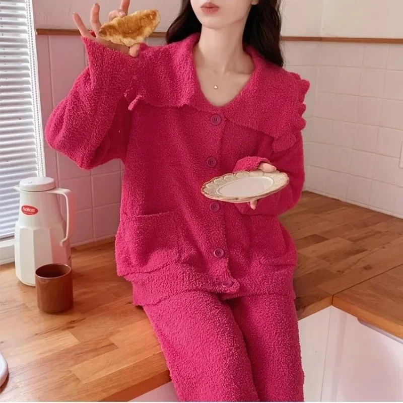 Pijama versión coreana para mujer, dulce y lindo, princesa rosa roja, año Natal, cárdigan, ropa de estar por casa, medio forro polar, Coral, Invierno