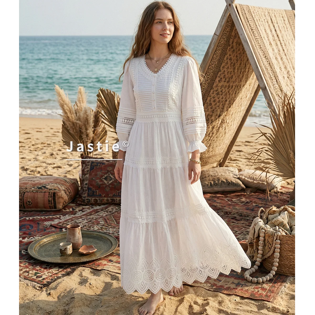 

2026 Spring And Autumn White Dresses For Women French Splicing Lace Elegant Long Beach Dress V-neck Long Sleeve Luxury Design