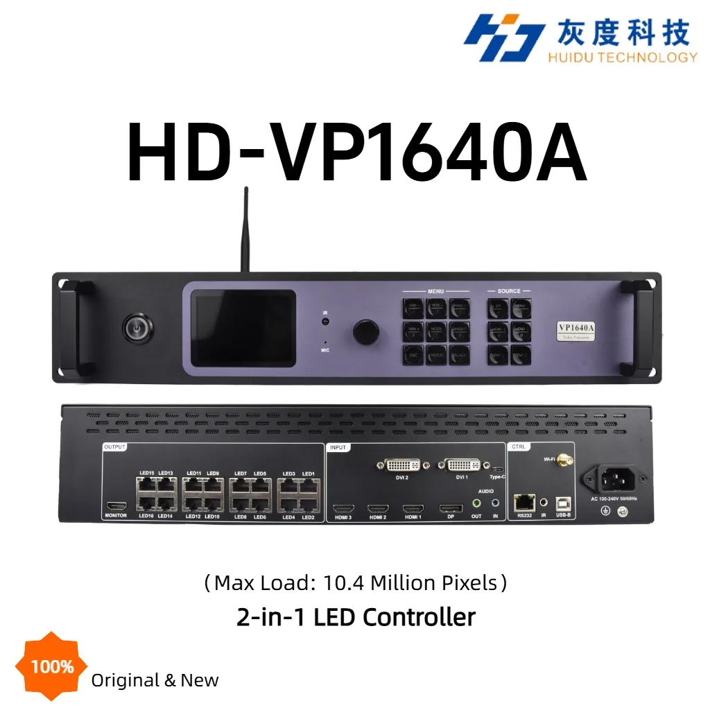 

HUIDU HD-VP1640A 2-in-1 LED Video Processor 16 Gigabit Ethernet Output 4K@60Hz LED Display Controller WiFi APP Control