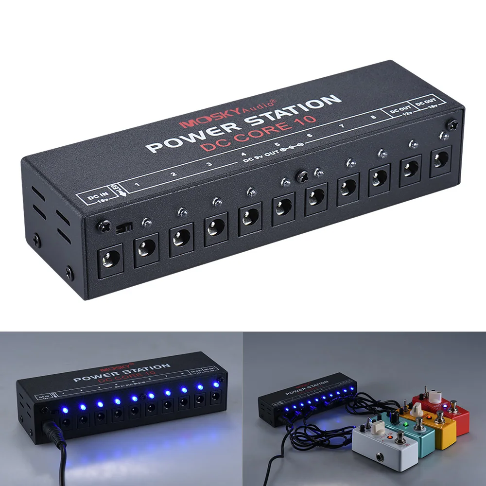 MOSKY Audio Mini Power Supply Station 10 Isolated DC Outputs for 9V 12V 18V Guitar Effect with Power Cables Instrument Accessory