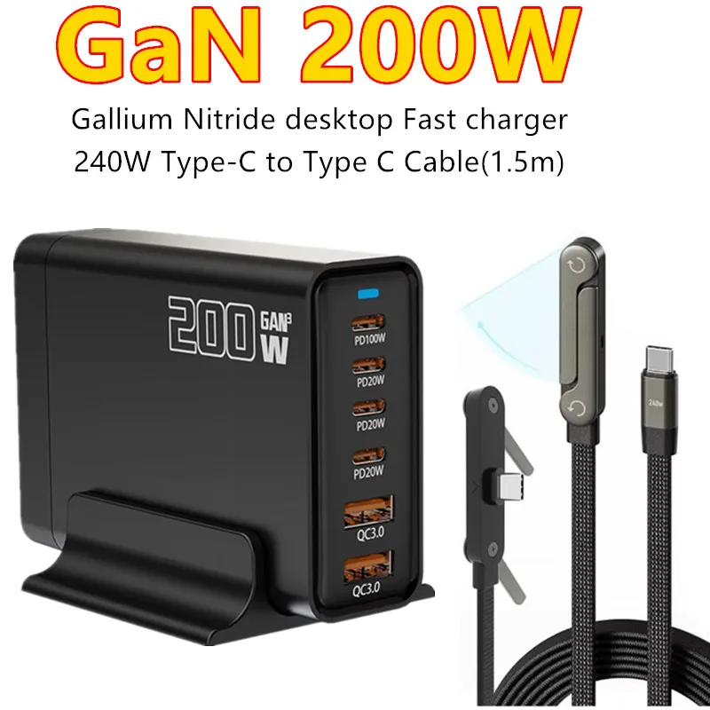 200W Desktop USB C Quick Charger GaN PD Fast Charger 6 Port Mobile Charging Adapter For Laptop iPhone 17 16 15 Samsung Xiaomi