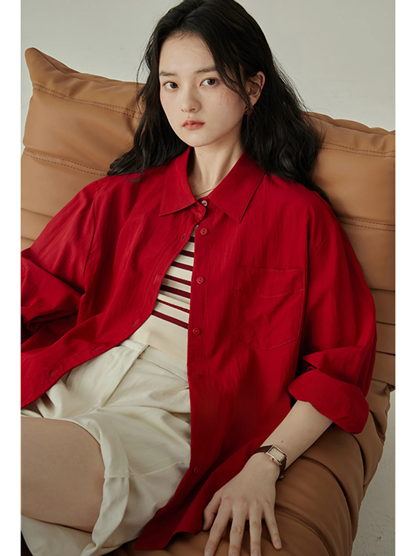 

Yake Home Red Loose Casual Collar Women's Shirt Summer New Style Sun Protection Long Sleeve Button up Straight Cut Commute Style