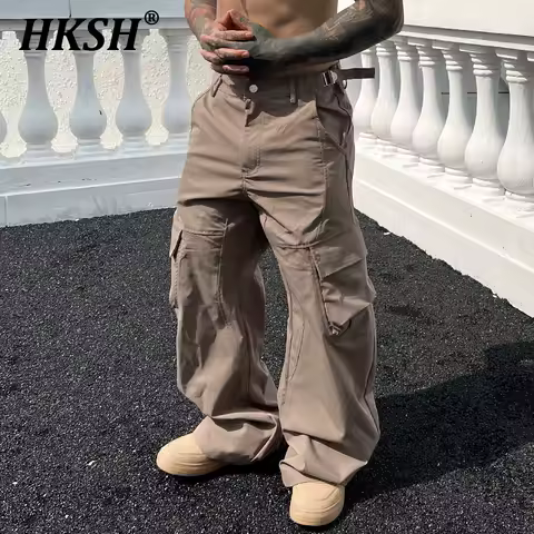 HKSH Men's Tide Trend Craft Straight Cargo Pants New Maillard Solid Color Slim Multi Pocket Fashion Safari Style Overalls HK3345
