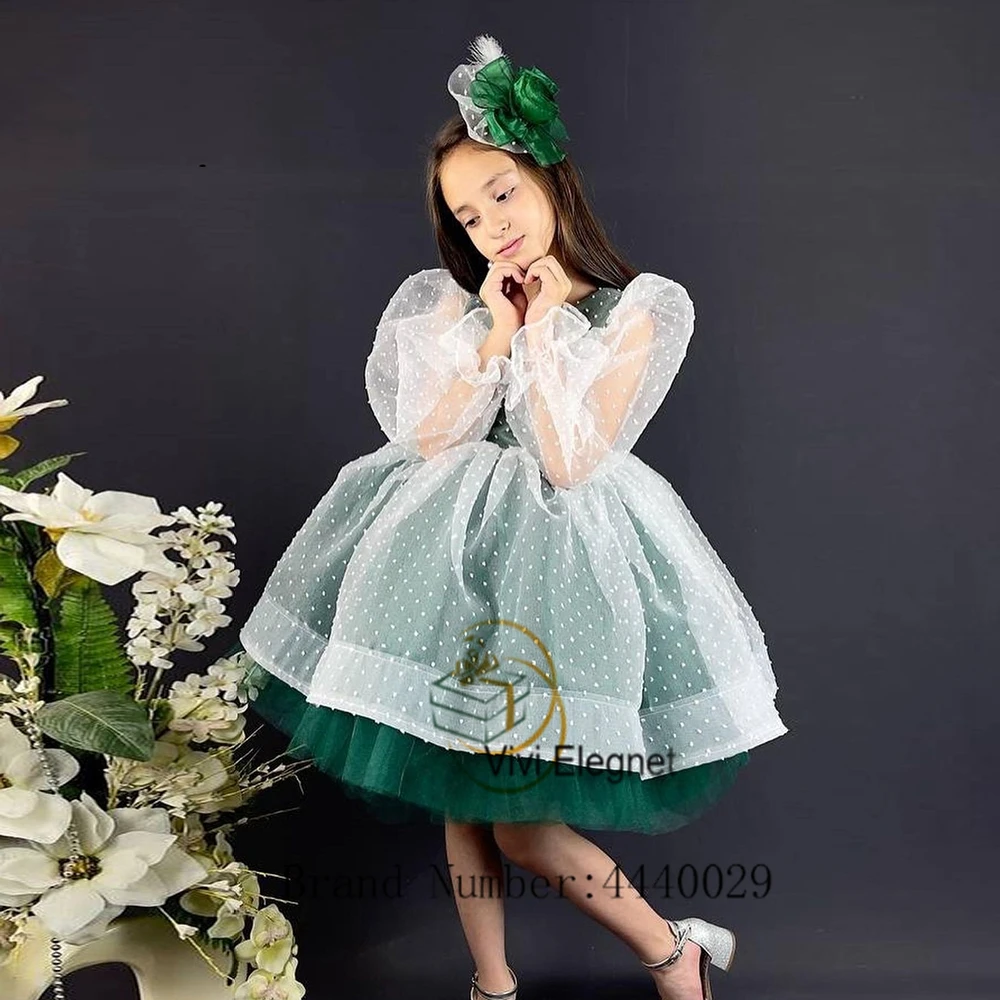 Mint Green Scoop Full Sleeve Flower Girl Dresses with Soft Tulle Tutu Wedding Party Gowns Knee Length 2023 Summer فساتين اطفال ل