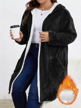 Women Fuzzy Fleece Lined Hooded Long Open Cardigan Warm Sherpa Trim Mid Length Coat With Side Pockets Loose Winter Outerwear