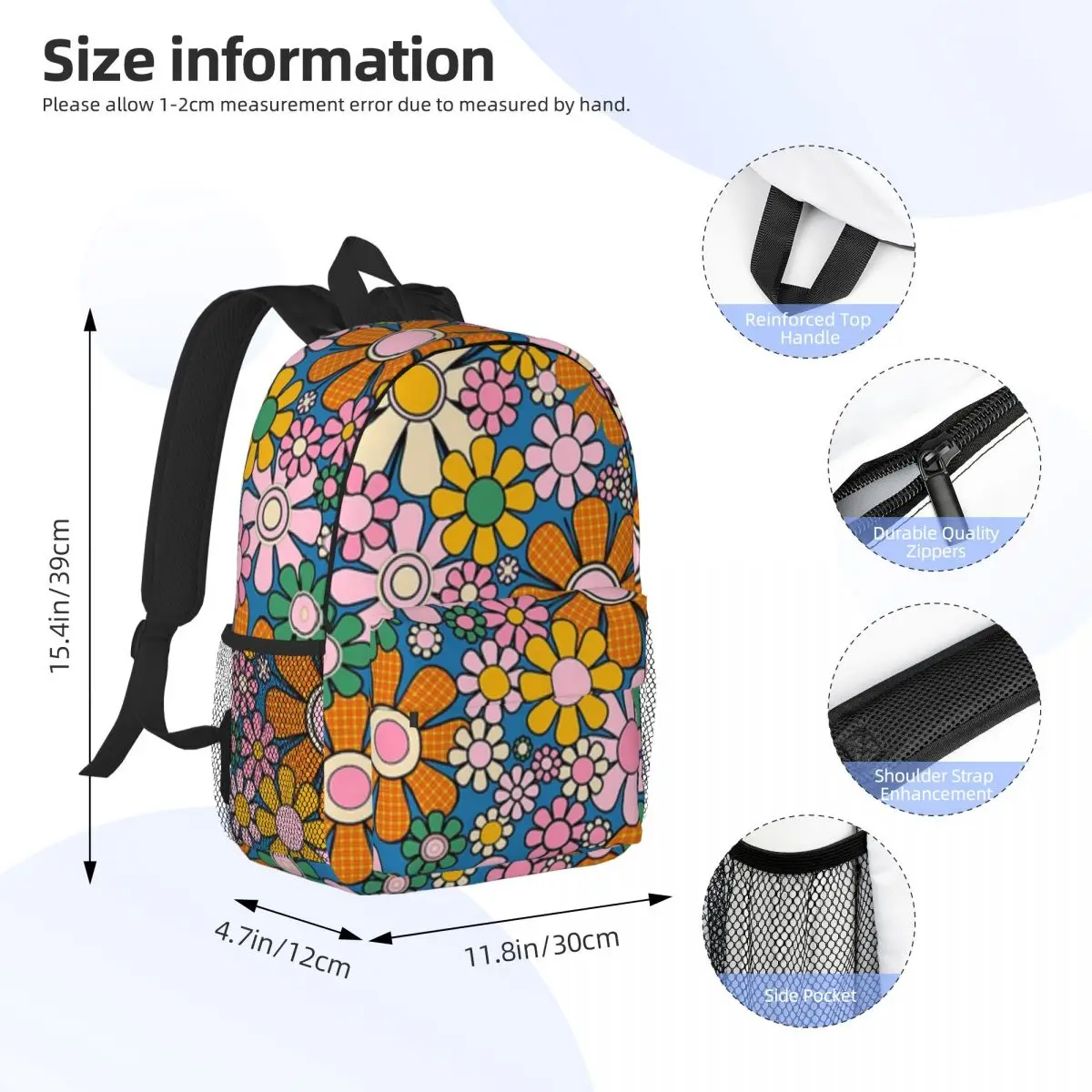 Retro Garden Gingham Flowers Colorful Abstract Floral Pattern New Fashionable Pattern School Bag Lightweight Backpack 15inch