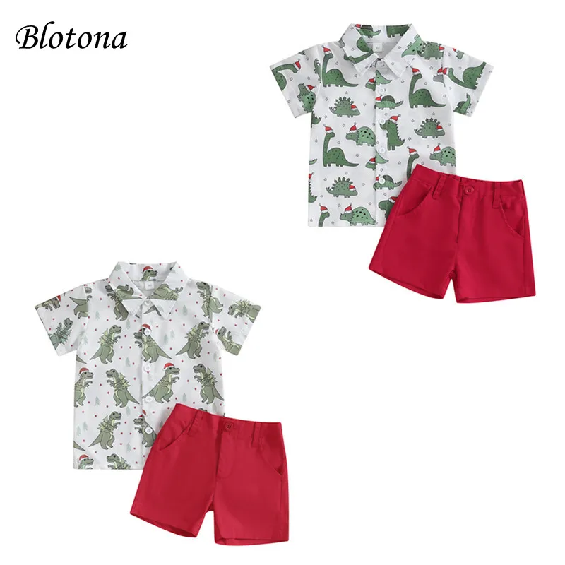 Blotona Toddler Boy 2Pcs Christmas Suit Santa Hat Dinosaur Print Button Short Sleeve Shirt and Shorts for Summer Formal Outfit