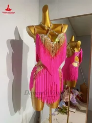 Abito da ballo latino con frange Abito da donna personalizzato con pietre AB per anziani Abbigliamento da spettacolo Tango Chacha Abiti professionali da ballo latino