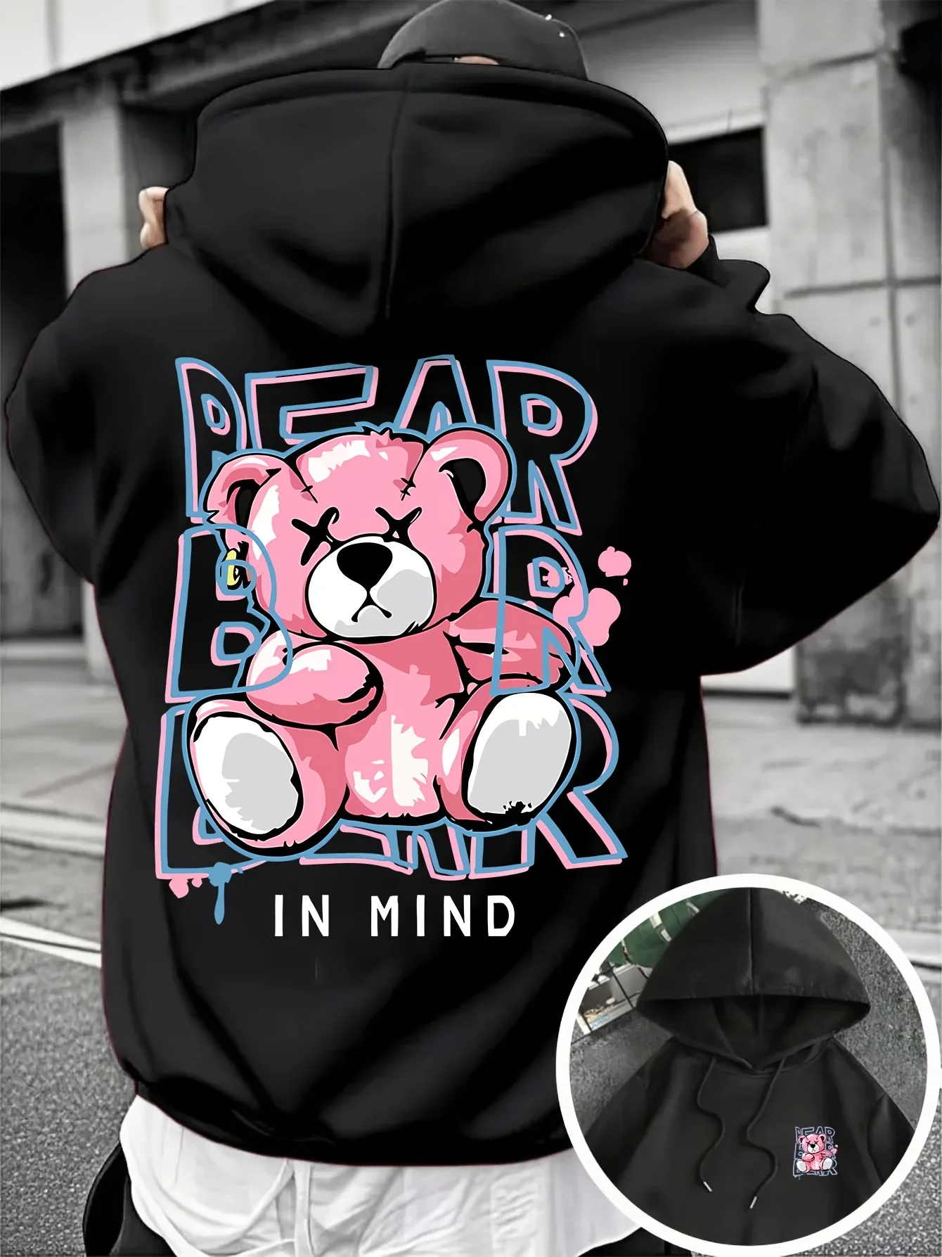 Trendy Casual Loose Graffiti Style Stitched Teddy Bear Letter Art Oversized Hooded Sweatshirt Men Women
