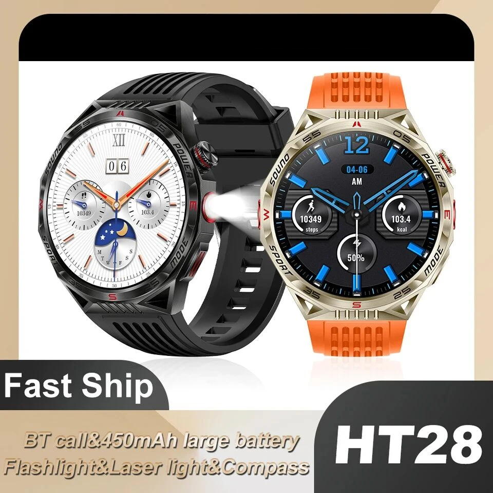 HT28 Outdoor LED Flashlight Compass Smartwatch Men Wireless 1.85inch Heart Rate Monitor Sleep Tracker Sport Watches