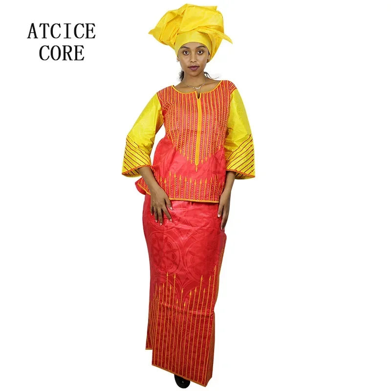 African Dresses For Woman Bazin Riche Embroidery Design Rapper With Scarf