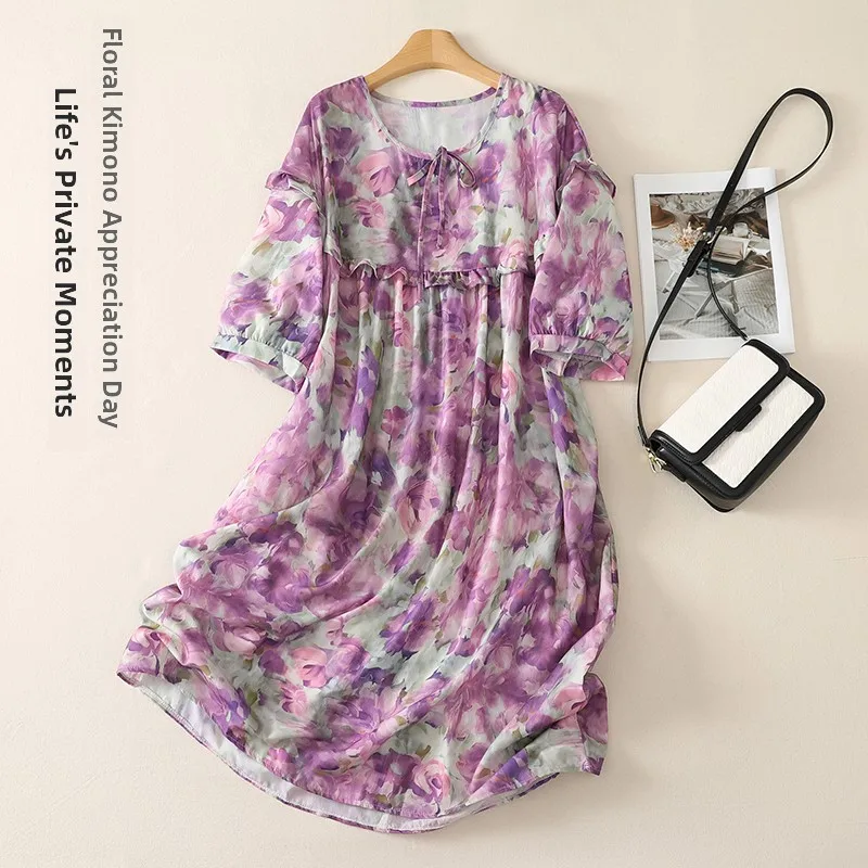 

Loose Fit Floral Print Patchwork Polyester Dress Sweet Style Summer Casual Wear Short Sleeve Midi Dress for plus Size Women
