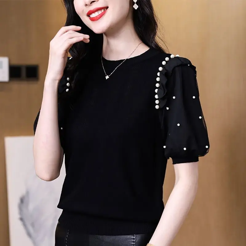 

Women Elegant Solid Basic Knitted Tops Women Round Neck Sweater Short Sleeve Casual Pullover Korean Fashion Chic Clothes TS775