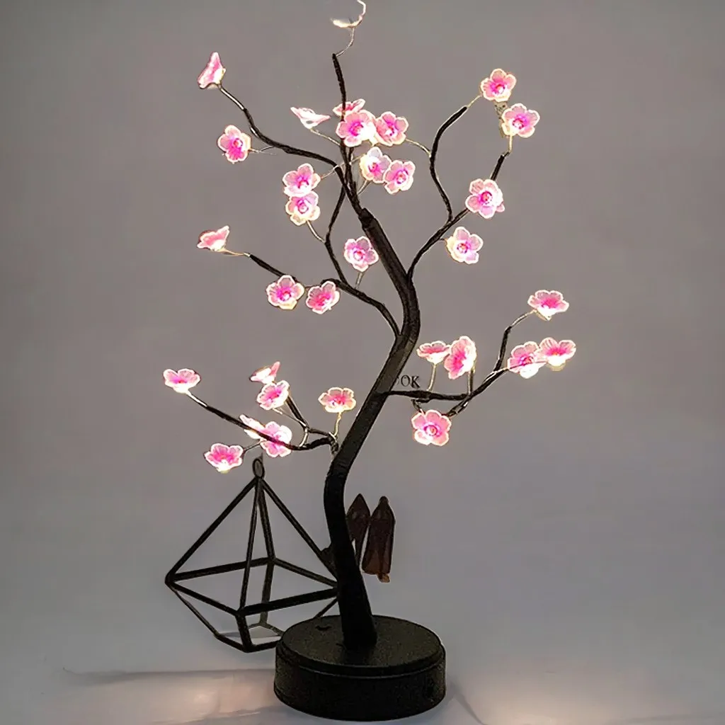 Table Tree Night Light USB/Battery Powered Touch Switch Artificial Bonsai Cherry Blossom Desktop Tree LED Lamp Light Decoration