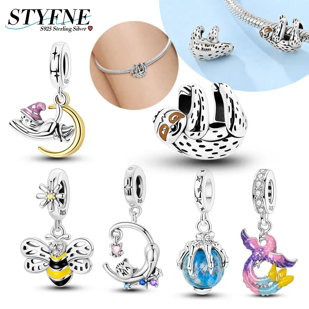 

Original 925 Sterling Silver Relaxed Sloth Magic Cat Bee Beaded Charm Fit Bracelet Diy Jewelry Women's Gift