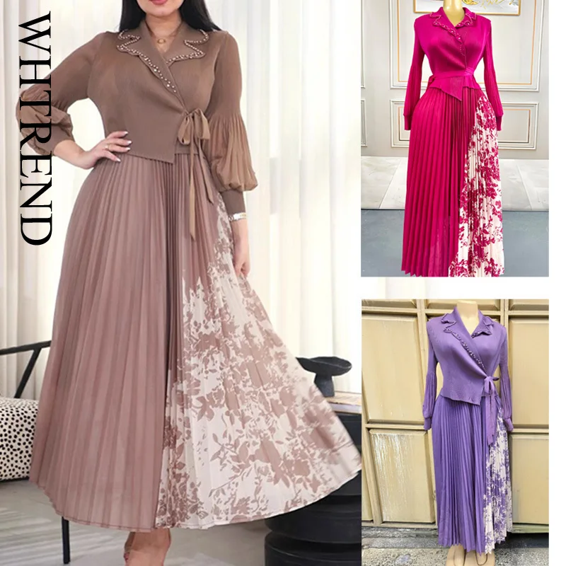 فستان WHTREND بطيات مرقعة للنساء فساتين مطبوعة بأكمام طويلة مع ضمادة مطرزة بالخرز أزياء نسائية #1