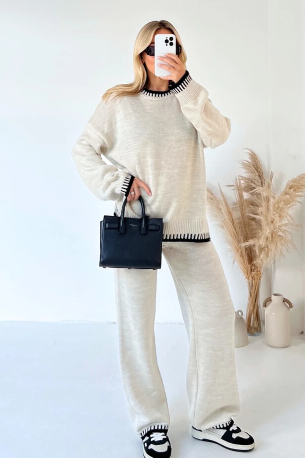 Casual Women 2 Pieces Sets Knitted Sweater Pullovers Wide Leg Long Pants 2024 Autumn Female Office Suit Outfits Loungewear