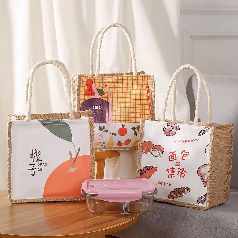 Japanese Cute Cotton Linen Lunch Bag for Girls Tote bag Work Large Capacity Shopping Bags Women Ins Fashion Accessories 2023