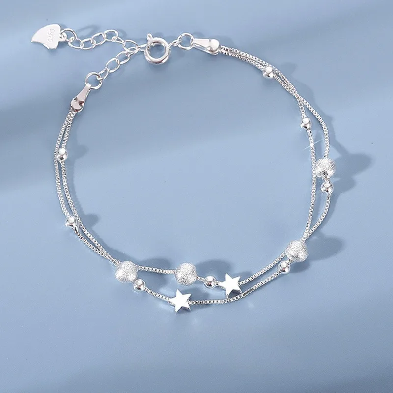 Luxury 925 Sterling Silver Star Beaded Bracelets For Women Original Designer Double Layered Adjustable Bracelet Party Jewelry