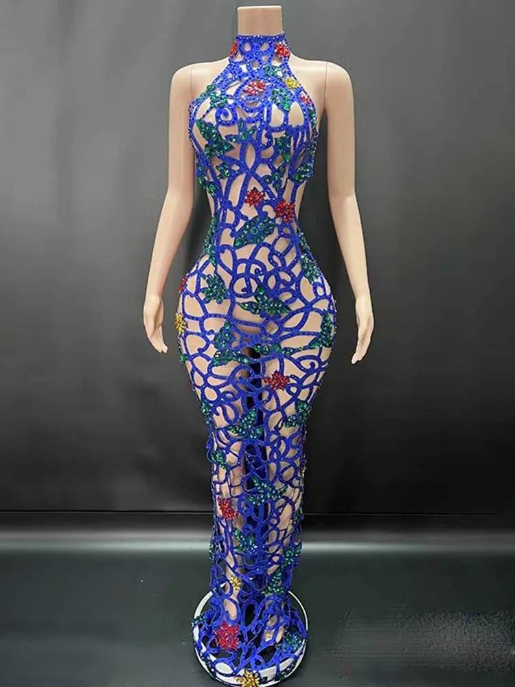 Wysokiej jakości kolor Rhinestone seksowna wisząca sukienka z wycięciem pod szyją 2025 nowych moda niestandardowa odzież damska