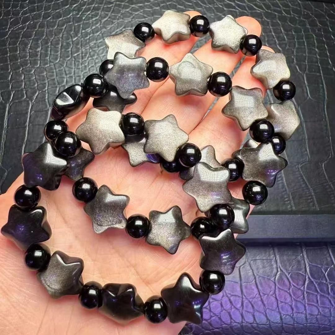 1 Pc Fengbaowu Natural Silver Obsidian Star Bracelet Crystal Reiki Healing Stone Fashion Jewelry Gift For Women Men