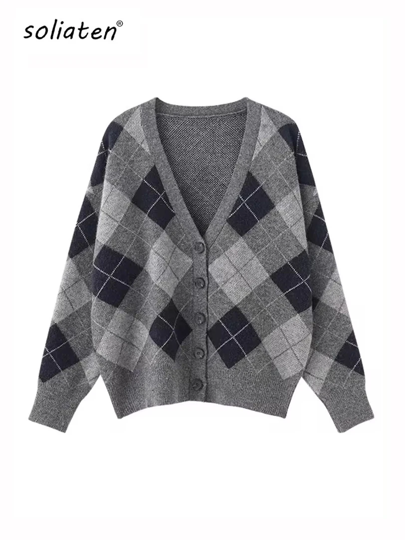 Vintage Plaid Sweater Cardigans Women Clothes 2024 Fall Winter Single Breasted Long Sleeve Korean Fashion Tops Pull Femme C-064