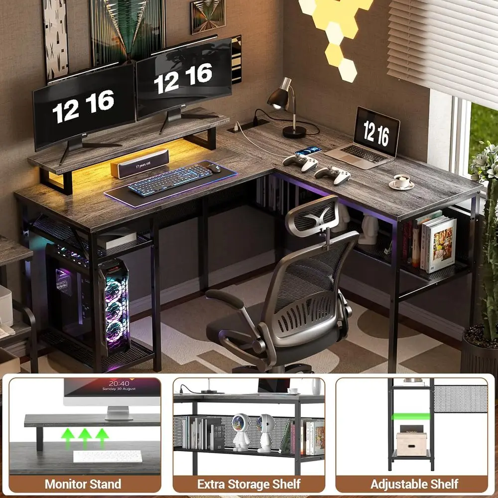 55 Smart LED, Magic Outlet L-Shaped Desk, Reversible Corner Office Gaming Table with Storage, Black Oak