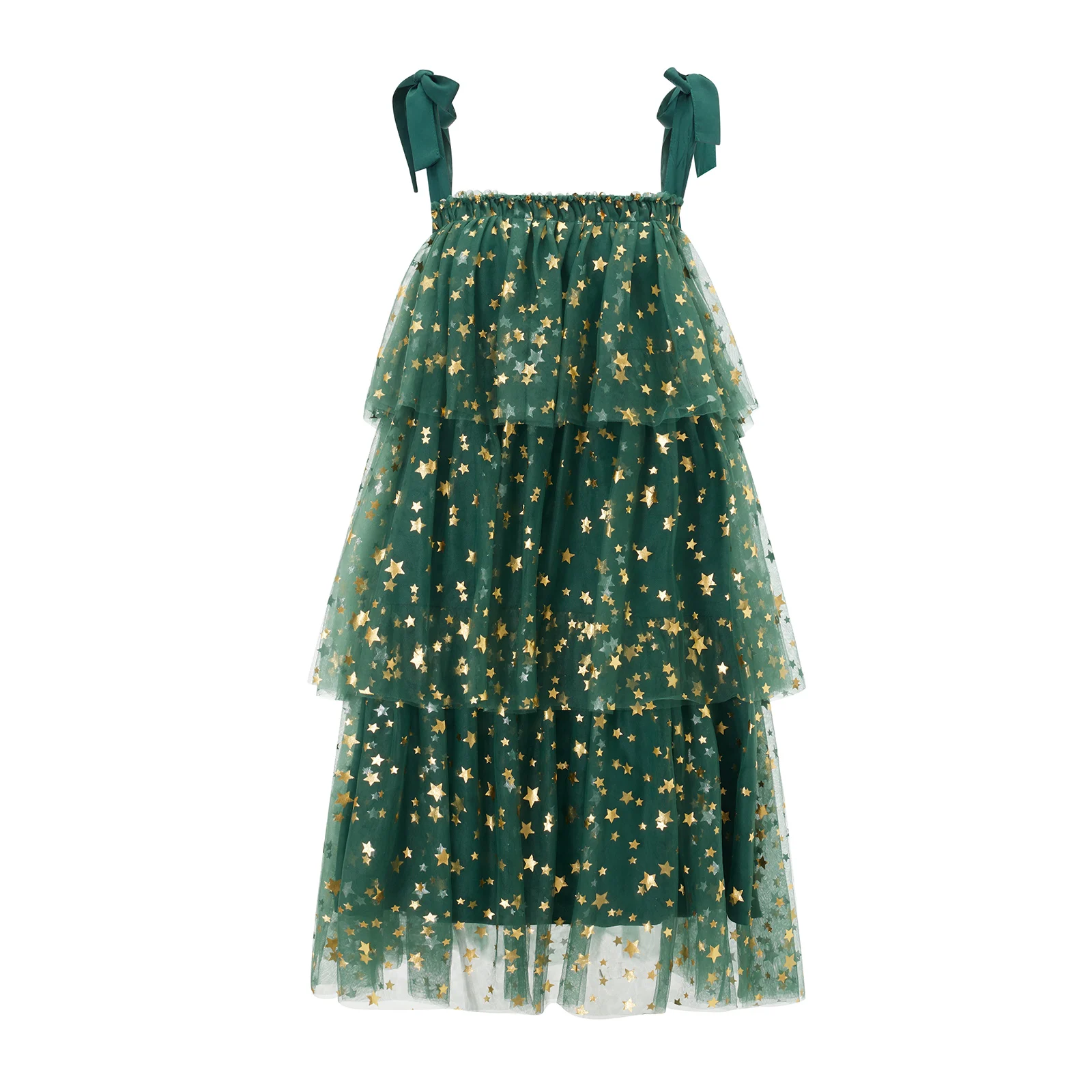 Strap Star Print Tiered Cake A-Line Tulle Dress Women's Christmas Sleeveless Patry Dress
