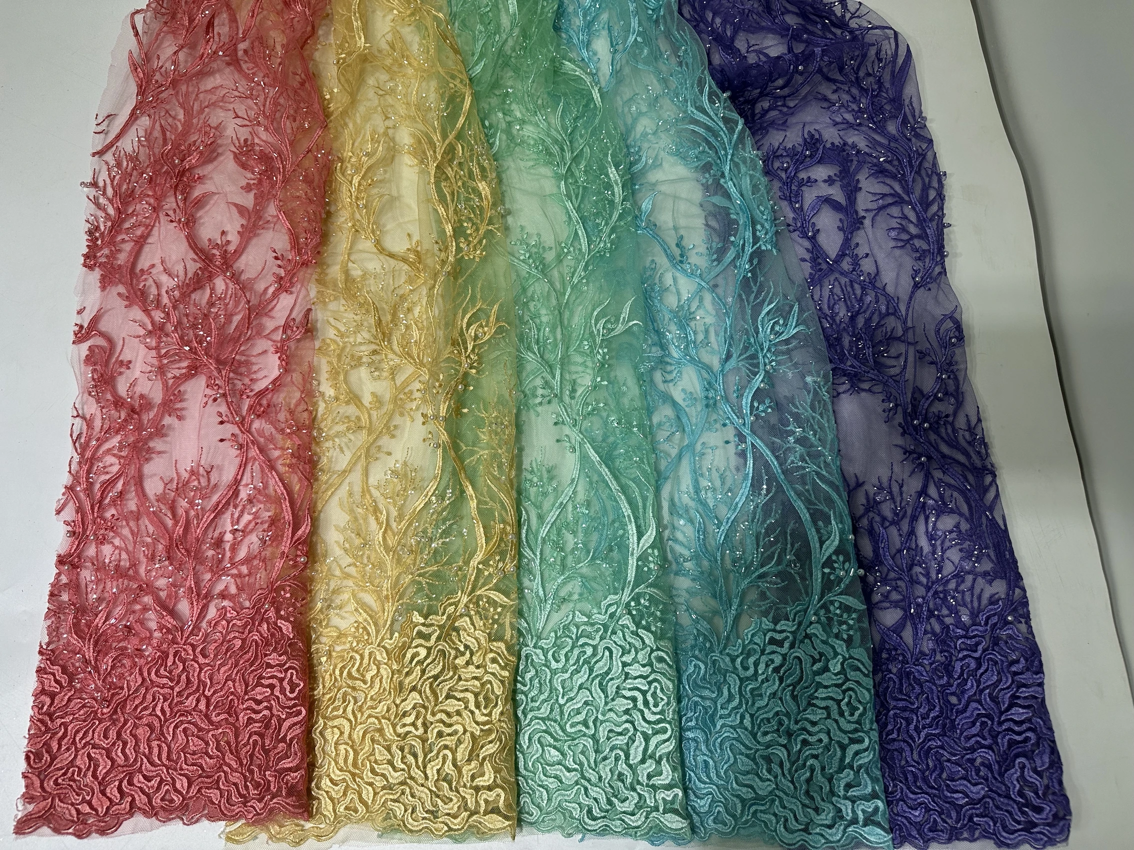 2023 Latest African Lace Fabric  Material For Cloth 5 Yards Dubai Beading Fabric Gold White Coral Mint Purple Blue Lace Fabric