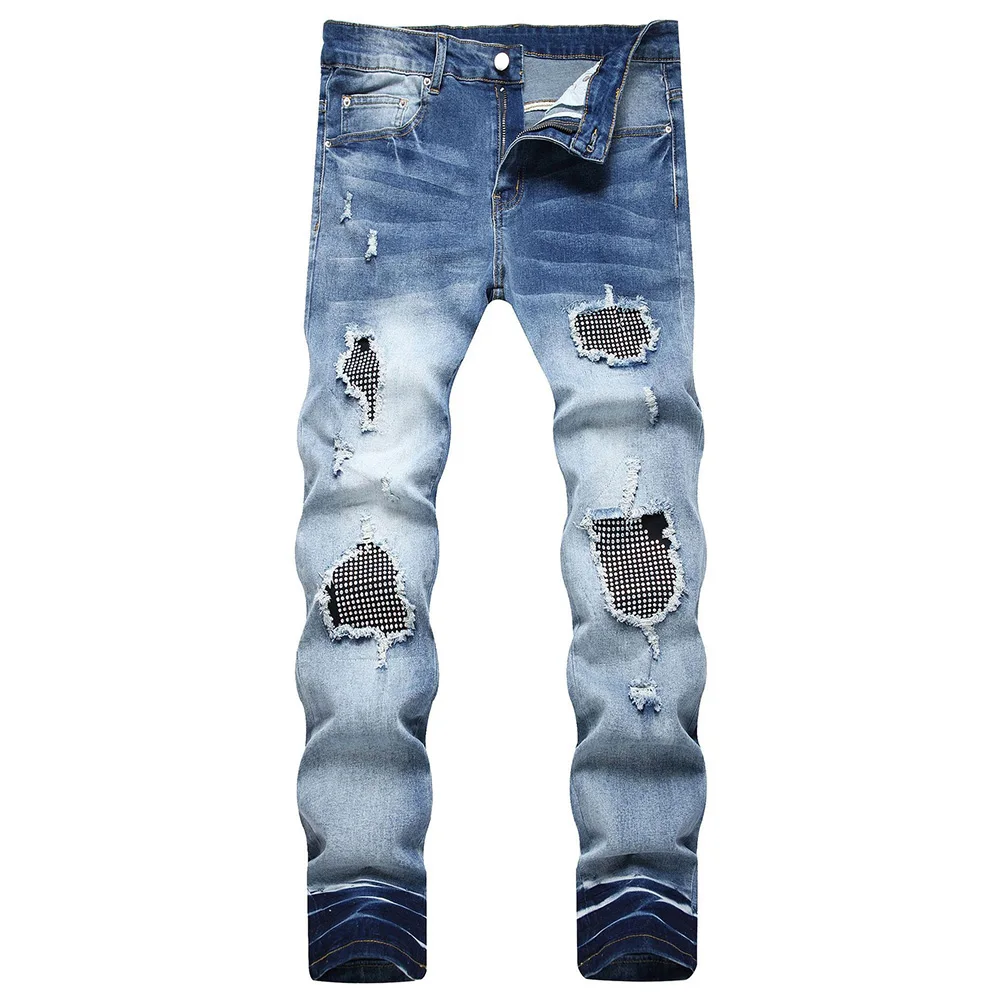 

Men Crystal Stretch Denim Jeans Streetwear Holes Ripped Patchwork Patches Pants Blue Slim Tapered Trousers