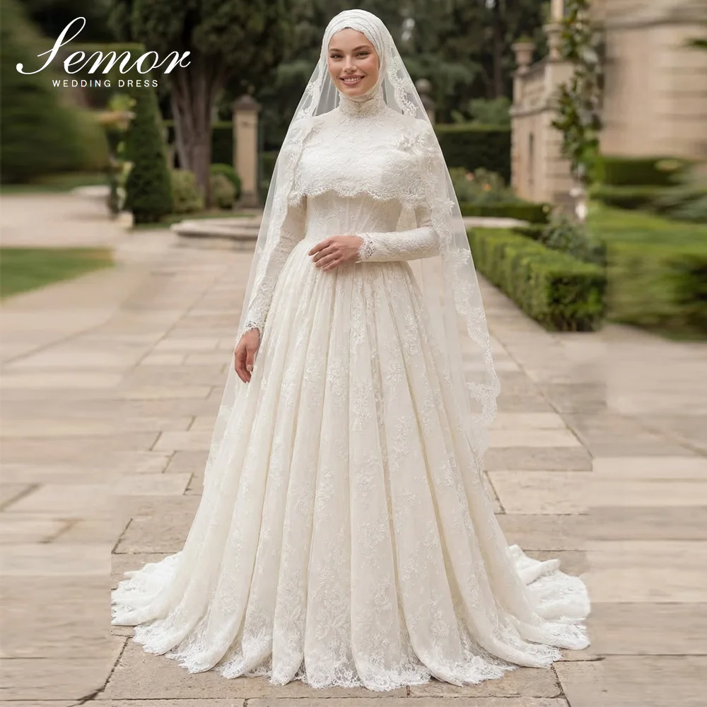 Semor 2026 Muslimisches Spitzen-Applikationen Hochzeitskleid Charmante Perlen A-Linie Langarm Plissiertes Brautkleid Maßgeschneiderte Vestidos De Novia