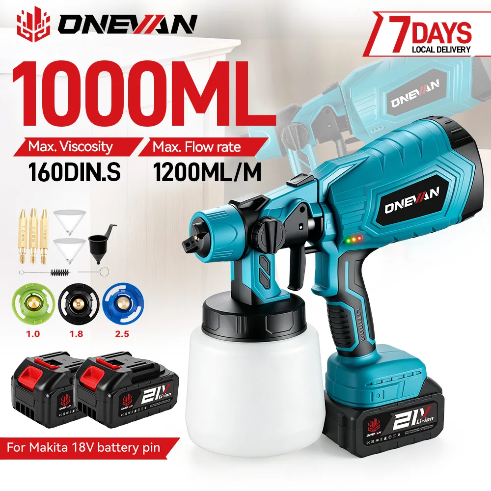 Pistolet de pulvérisation électrique sans fil ONEVAN 1000ML 38000RPM, outil portatif pour la peinture, le revêtement et la rénovation des meubles et des rampes, compatible avec la batterie Makita 18V.