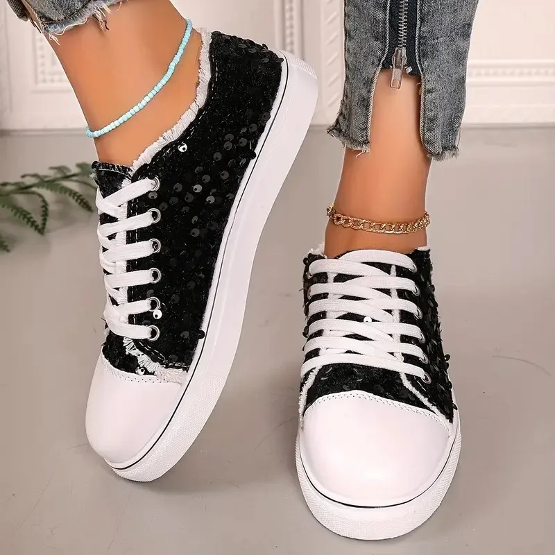 

*2026 Fashionable New Comfortable Work Shoes for Women Spring Autumn Round Toe Sequin Thick Sole Non Slip Casual Sports Shoes