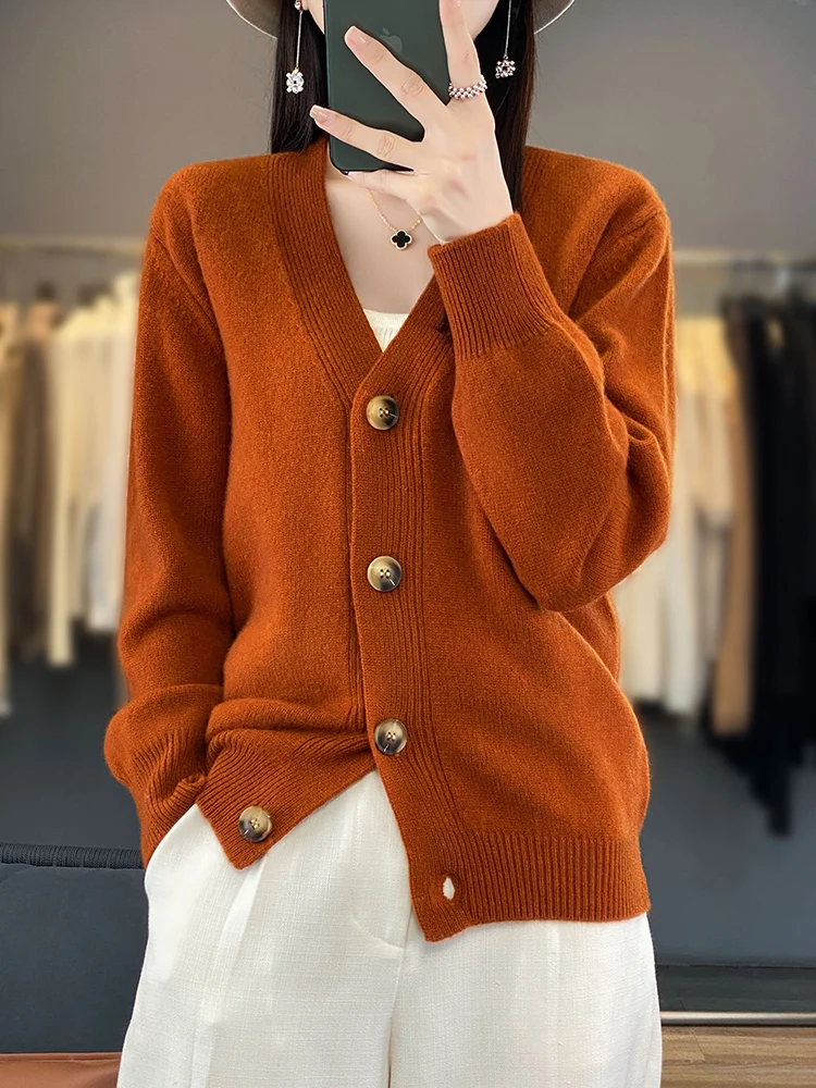 Frühling Herbst Frauen V-Ausschnitt Strickjacke Pullover reine Farbe lässig Langarm Mantel 100% Merinowolle Kaschmir Strickwaren weibliche Kleidung