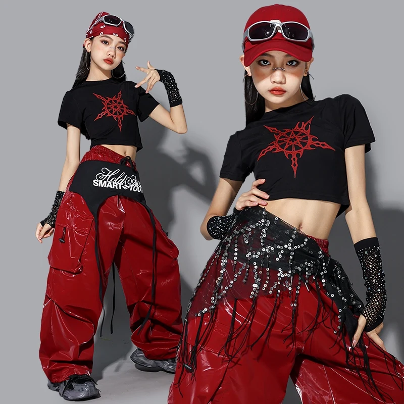 الأطفال ملابس رقص الجاز الفتيات Kpop أداء المرحلة ارتداء الأسود المحاصيل الأعلى مشرق الأحمر الهيب هوب الرقص السراويل الشارع Dancewear 2489
