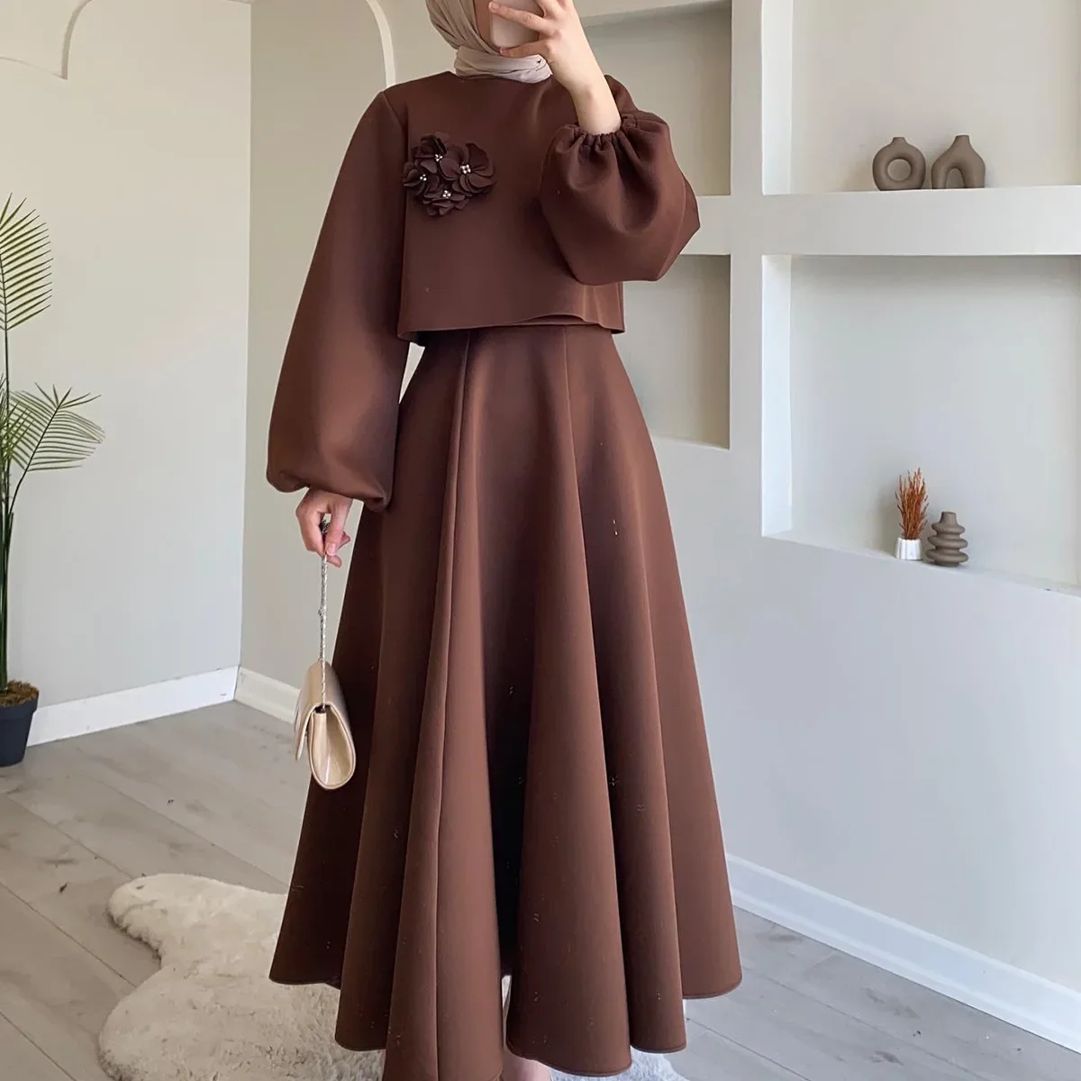 Lantern Sleeve Loose Two-piece Dress for Women Dubai Flower Muslim Set Spring Femme Muslim Dress Abaya Vestidos Turkey Kaftan