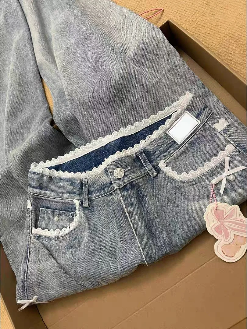 

Blue High Street Sweet Bow Jeans Women's Autumn Lace High Waist Straight Leg Casual Pants Girls Fashion Bead Denim Trousers