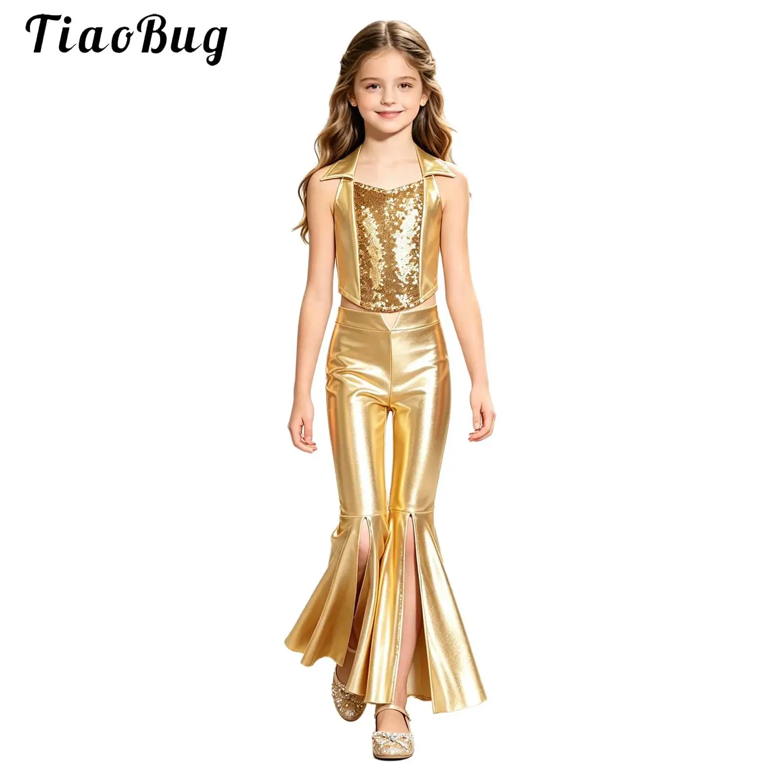 Kids Girls Metallic Shiny 70S Disco Costume Singer Jazz Dance Outfit Sequins Halter Crop Tank Top And Hippie Bell-bottom Pants