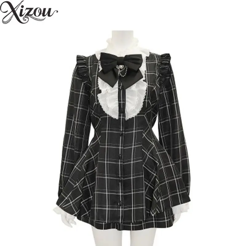Japanese Mass‑Produced Style 2‑Piece Set Plaid Solid Color Long Sleeve Dress Shorts Bow Heart Chain Lace Ruffle Lolita Outfit